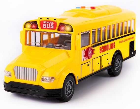 ArtCreativity Yellow School Bus Toys for Toddlers 3-5, Lights and Sounds | Friction powered push n go buses, front and back doors open, working stop sign, birthday gift for kids ages 4-8 boys girls