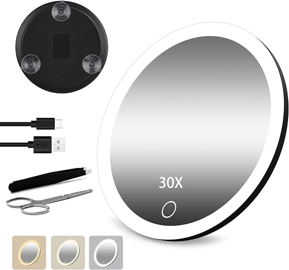 30X Magnifying Mirror with Light,6" Large Makeup Magnifying Mirror with 3 Colors Dimmable,Portable LED Magnified with 3 Suction Cups,Black