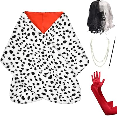 Halloween Costume Women 2025- Dalmatian Shawl, Red Gloves, Necklace and Wig Cap Accessories for Adult Short Wig