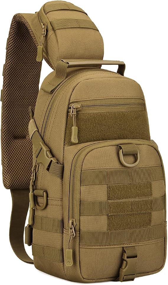 Tactical EDC Sling Bag Military Shoulder Backpack for Men Women Molle Chest Assault Pack Outdoor Crossbody Daypack (Brown)
