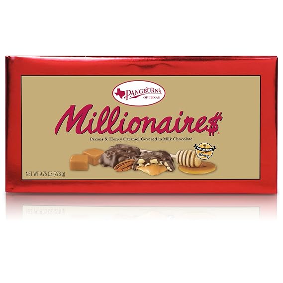 Pangburn's Millionaires Candy Box 9.75 Ounce Pangburn's Millionaires Candy Box 9.75 Ounce; Buttery Pecans, Creamy Caramel, Honey, and Mouthwatering Milk Chocolate; Texas Born, and Loved by All
