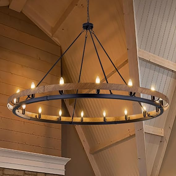 Wellmet Extra Large Rustic Chandelier, Wood Painted Pendant Light, 16-Light Farmhouse Wagon Wheel Chandelier for Living Room, Dining Room, Bedroom, Corridor, Hallway, Entryway