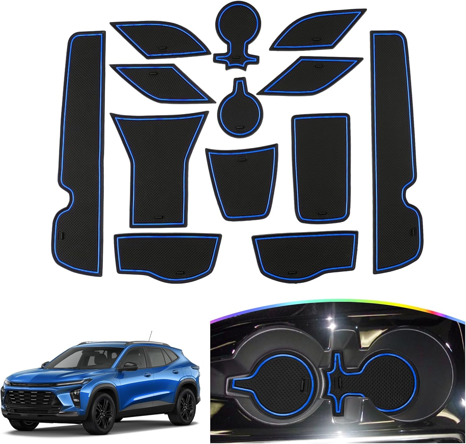 SKTU 2024 2025 2026 Chevy Trax Door Slot Mat for 2024 2025 2026 Chevrolet Trax LS,1RS,LT,2RS,ACTIV 2024-2026 Trax Accessories 14PCS Fit 2024 Trax Door Compartment Cup Center Console Liners Blue