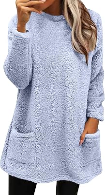Fall Sweaters for Women 2024 Long Fuzzy Fleece Pullover Trendy Casual Crewneck Sweatshirt Shaggy Coat with Pockets