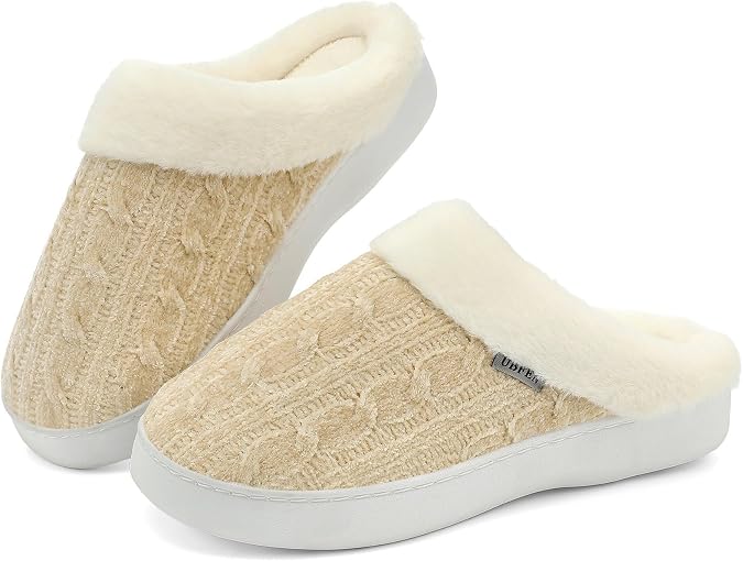 UBFEN Mens Womens Slippers Classic Plaid Winter Warm with Memory Foam Fluffy House Shoes Platform Indoor Bedroom