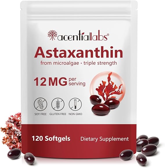 Astaxanthin Supplement 12mg – Powerful Antioxidant Softgels, 120 Capsules 4 Month Supply, Eye Skin Joint Heart & Immune Support, Gluten Free