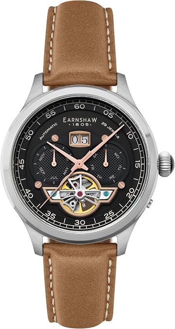Thomas Earnshaw Baron Men's Watch Automatic Open-Heart Movement, Grand Date Calendar, 43mm Stainless Steel Case, Leather Strap, 50m Water Resistant, ES-8187