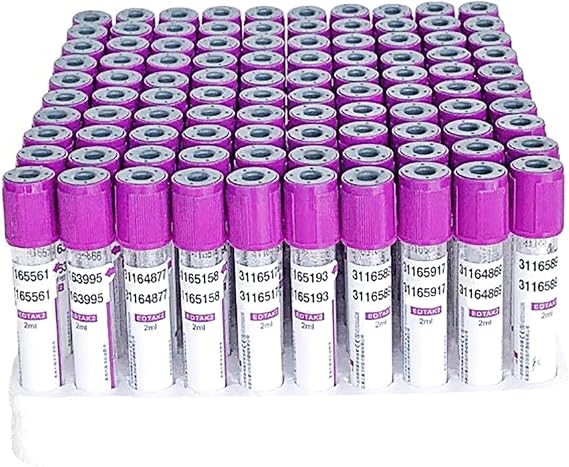 100 PCS Vacutainer Tubes, 2ml/5ml/10ml EDTA K2 Glass Tubes, With Purple Screw Caps + Label Tags, For Laboratories,10ml