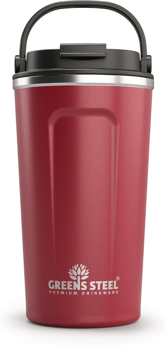 Reusable Coffee Cup with Lid and Handle - Stainless Steel Insulated Coffee Mug for Hot & Cold Drinks - Ideal Travel Mugs - 100% Leak-Proof Tumbler - 16 oz Red