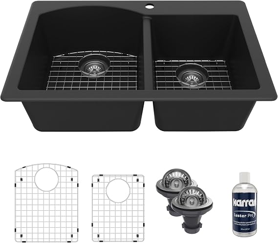 Karran 33" Top Mount Quartz Composite 60/40 Double Bowl Kitchen Sink Kit (Black)