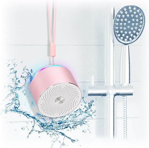 XLEADER Mini Bluetooth Shower Speaker, IPX6 Waterproof Speaker, with RGB Lights, Mic, Portable Silicone Lanyard, Suction Cup, Clear Sound&Rich Bass, 12h Playtime, Small Pink Gifts for Girls Women