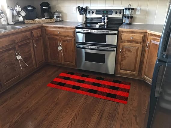 UKELER Christmas Farmhouse Door Mat- Washable Red Black Buffalo Check Layering Door Mats Buffalo Plaid Kitchen Rugs/Laundry Room Rug, 23.6''51.2''