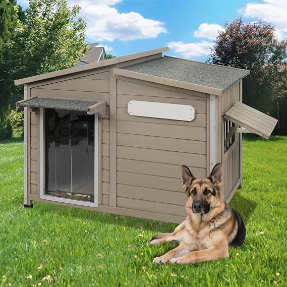 Large Outdoor Wooden Dog House, Weatherproof Dog Houses with Adjustable Vent Windows, Alloy Chew-Resistant Frame, Removable Floor for Medium & Large Dogs (43.5" L x 29.5" W x 33.5" H)
