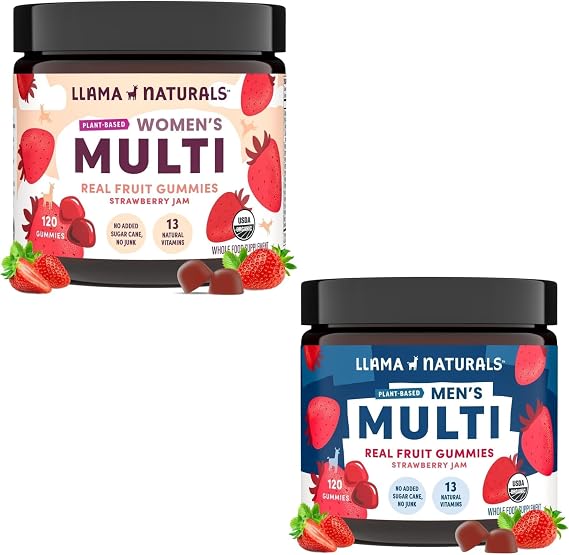 Llama Naturals Men and Women Multivitamin, Vegan, Organic Gummies with Vitamin D, C and K, Real Fruit Gummy Vitamins, Chewable Multivitamin Supplement, Strawberry, 120 Ct