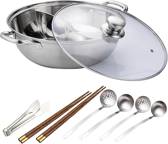 Stainless Steel Shabu Shabu Mongolian Hot Pot With Divider +10Pair Chopsticks 3Food Tongs+ 2 Pair Scoops Strainer