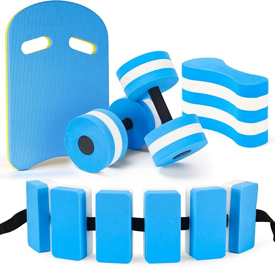 5 Pieces Water Aerobics Set, Aquatic Exercise Set Pool Fitness Equipment with Foam Dumbbell, Swim Kickboard, Pull Buoy, Aquatic Swim Belt for Water Workout