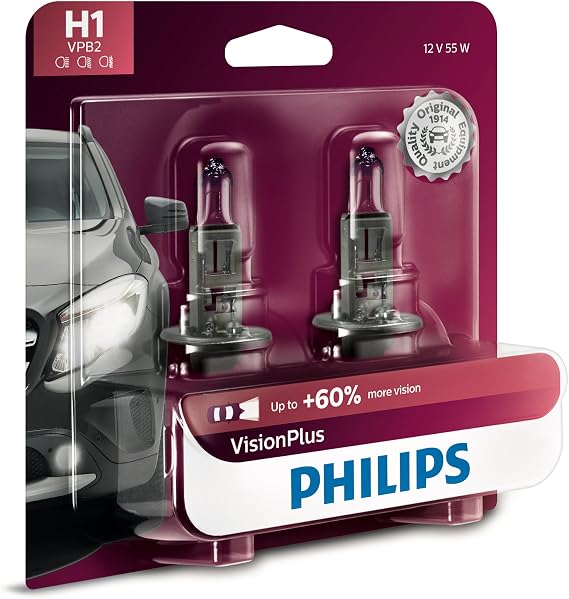 Philips Automotive Lighting H1 VisionPlus Deluxde Upgrade Automotive Replacement Headlight Bulb, Fits Select High Beam, Low Beam, or Fog Positions (Pack of 2)