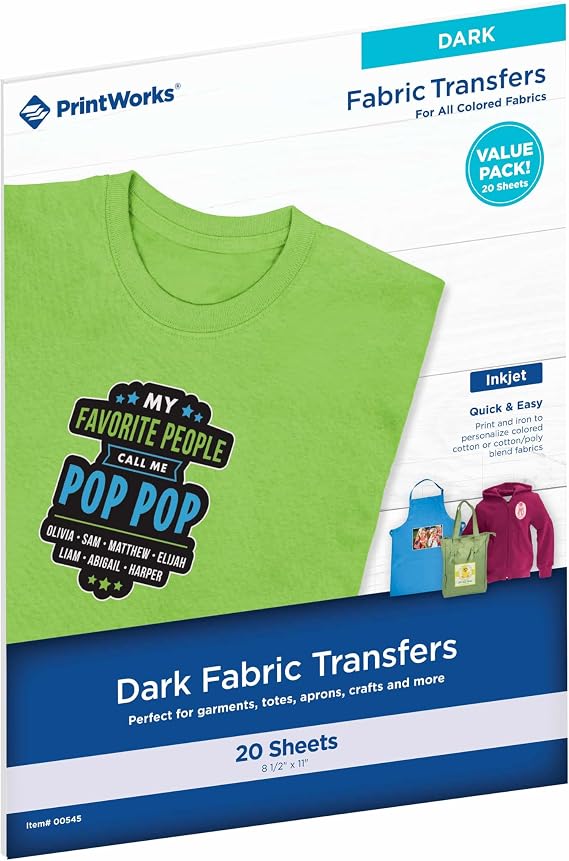 PrintWorks Iron on Heat Transfer Paper for Inkjet Printer - Printable Heat Transfer Vinyl for Dark Fabric (Printable HTV) - 8.5" x 11" - 20 Sheets - Made in The USA - Iron on Vinyl (00545)