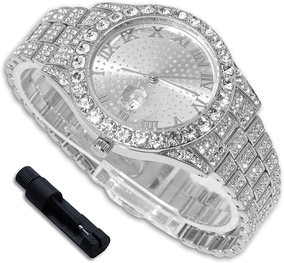 Luxury Diamond Watch for Kids Teen - Iced Out Bling 18K Real Gold/Platinum Plated - 43mm Round Dial Strap 20.5cm - Adjuster Tool Included - Optional with Cuban Chain