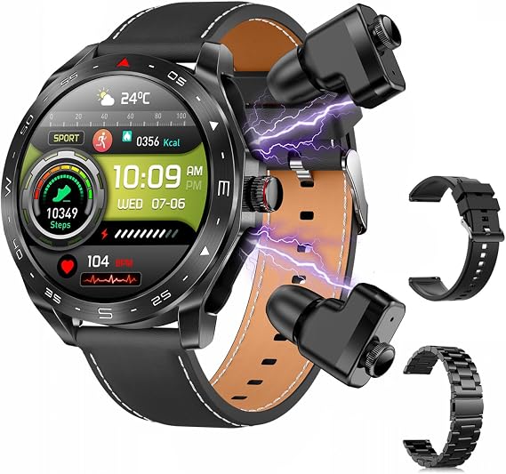T95 Smart Watch with Earbuds for iPhone Android Smartphones 1.52 Inch Round Bluetooth Call Smartwatch Fitness Tracker All-in-one Smartwatches Long Time Standby TWS Music Watch for Men Women (Black)