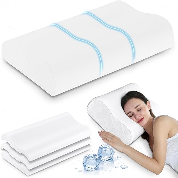 Elviros Memory Foam Cervical Pillow, Neck Support, 4 Adjustable Heights | Ergonomic Sandwich Pillow for Side/ Back/ Stomach Sleepers, with Breathable Cooling Pillowcase, Grey