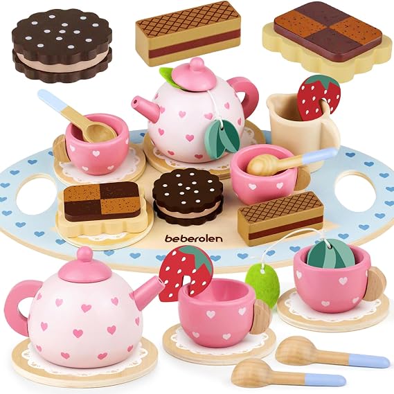Wooden Tea Set for Little Girls Birthday Gift 3 4 5 Year Old Princess Toys