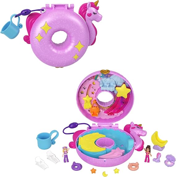 Polly Pocket Sparkle Cove Adventure Unicorn Flotty Compact Playset with 2 Small Dolls and 12 Accessories, 2 of which change colors