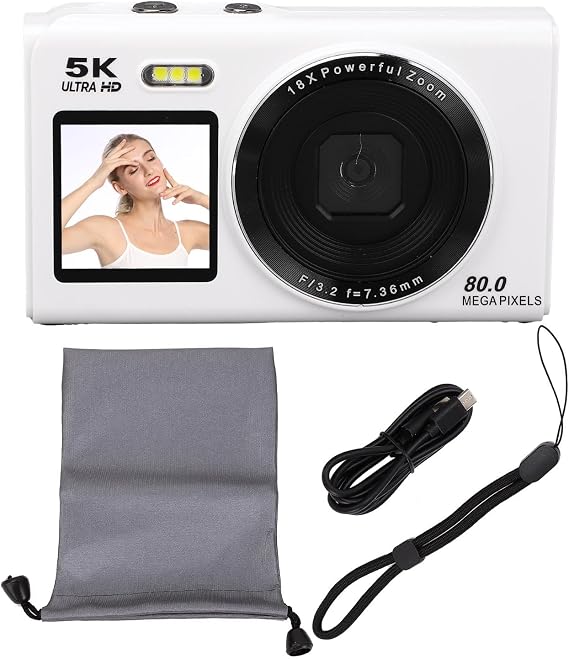 5K Digital Camera for Photography, 80MP UHD 18X Zoom Autofocus Vlogging Camera for with 2.8in 1.5in Dual Screen, Compact Video WiFi Cameras with Flash (32GB)