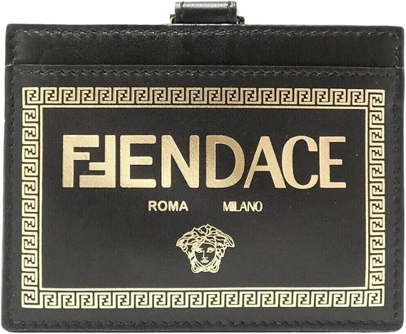 FENDI Fendace Black Leather Card Case Wallet Lanyard