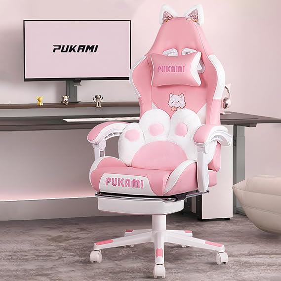 PUKAMI Pink Gaming Chair Cute with Cat Ears and Cat Paw Lumbar Cushion, Ergonomic Computer Chair for Girl with Footrest and Headrest, Comfortable Reclining PC Game Chair for Adult, Teen (Pink)
