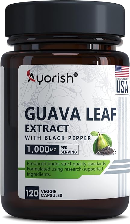Guava Leaf Capsules 1000mg 120 Count Guava Leaf Extract 20:1 with Black Pepper Herbal Supplement Plant Based Botanical Capsules Vegan Non GMO