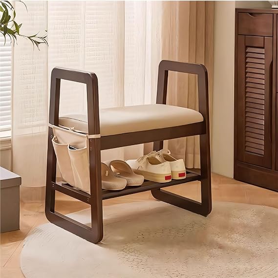 Solid Wood Shoe Bench with Cushion, Entryway Stool with Storage Bag, Shoe Bench with Armrest, Space Saving, for Hallways, Living Room