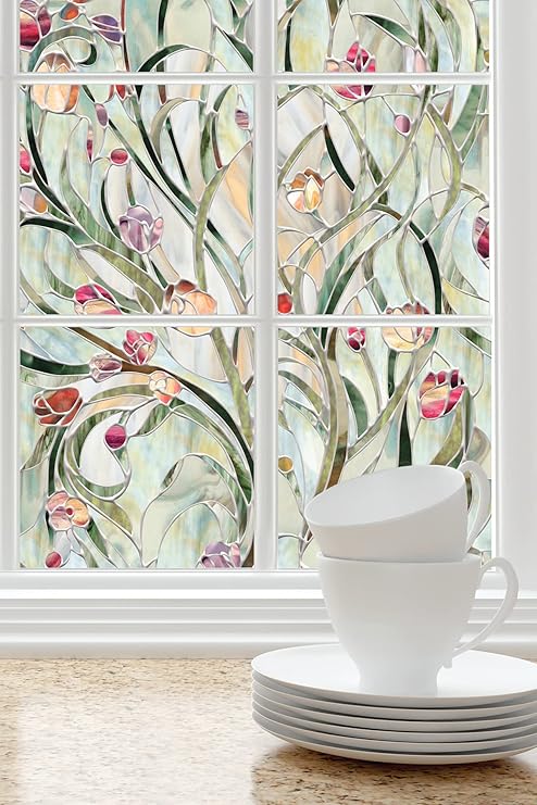 Artscape Spanish Garden | Privacy Window Film with Stained Glass Pattern | Non-Adhesive & UV Protection | Easy to Apply & Removable | 61 x 91 cm
