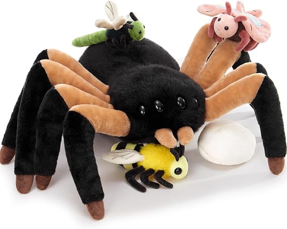 MorisMos Big Black Spider Teddy Soft Toy, 40cm Spider with 4 Cuddly Baby Inside, Giant Fluffly Stuffed Animal, Realistic Kawaii Plush Gift for Kids Birthday