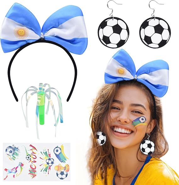 Soccer Fan Accessories Set for Adults, Soccer Bow Headband, Soccer Ball Earrings, Tattoos and Cheer Wand for Game Day