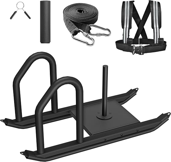 Heavy Duty Push Pull Weight Sled with Harness for Speed Training | Heavy-duty steel | Includes padded harness | Fits 1" & 2" weight plates | Turf & grass friendly | Reflective safety straps