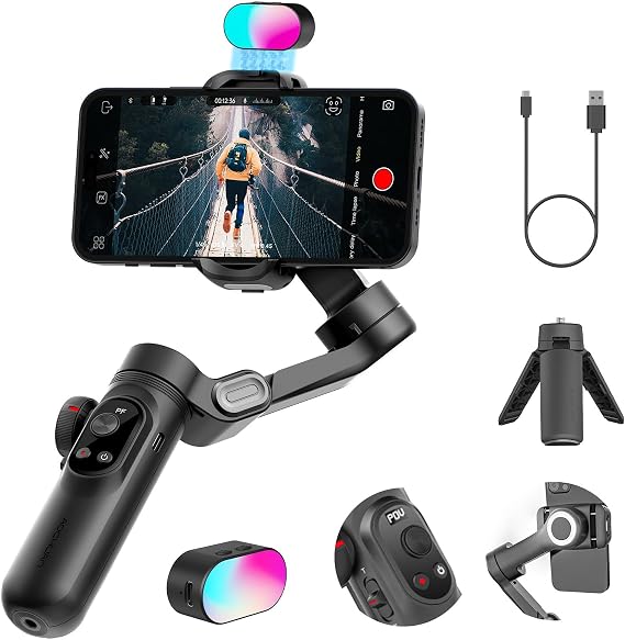 AOCHUAN SMART X PRO Smartphone Gimbal Foldable Handheld Stabilizer with Zoom Button OLED Screen LED Light Dimmable Compatible with Android Phones and iPhone 15/14/13/12/11 Pro/Max, 270° Roll Inception