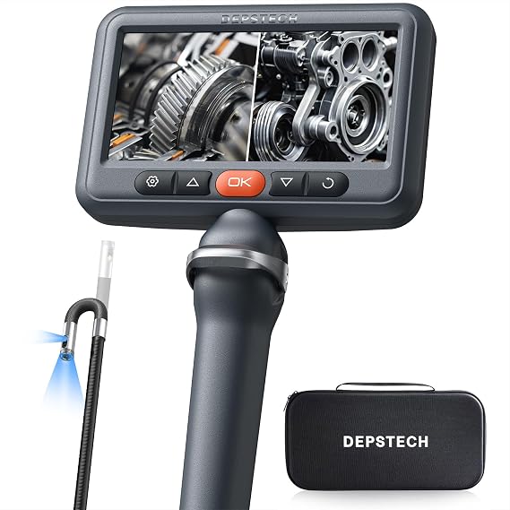 DEPSTECH Dual Lens Articulating Inspection Camera, Two-Way Borescope Camera with Light, 5" IPS Endoscope with Split Screen, 6+1 LED Lights, 1080P Waterproof Borescope for Wall & Automotive - 5FT