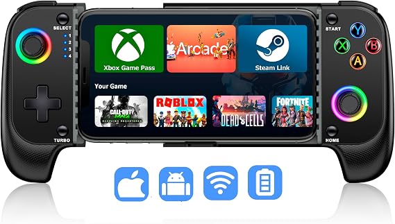 HASACOOL Mobile Gaming Controller for Android/iPhone,RGB Light Hall Effect Joystick Wireless Phone Controller-Xbox Cloud/Steam Link/GeForce Now/MFi Apple Arcade-Call of Duty,Roblox