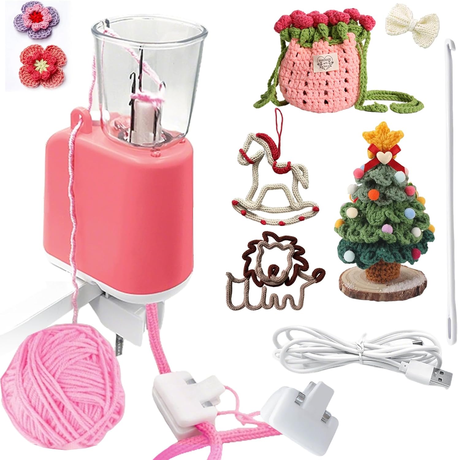 Vurlexat French Knitting Machine, Electric I-Cord Knitting Wool Kit, Automatic Mill i-Cord Knitter Swift Knit Wool for DIY Crochet Craft Projects for Adults & Children(Pink)