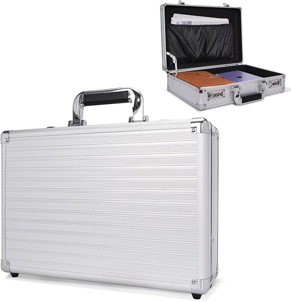 Locking Briefcase, Metal Brief case with Dual Combination, Aluminum for Secure Document Storage, Portable File Organizer Case for Cash, Passport, Office, Travel and Business Use, Silver