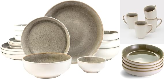 Sango Resona Moss 24-Piece Green Dinnerware Set Service for 4, Plate, Mug & Bowl Set, Durable Stoneware with Reactive Glaze Finish, for Everyday Dining & Entertainment, Microwave & Dishwasher Safe