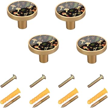 YETTASBIN Forest Mushroom Cabinet Knobs 4 Pack, Round Drawer Dresser Pulls Handles Knobs, 1-1/4 Inch Kitchen Cabinet Hardware Knobs for Door, Closet Home Office Furniture Decor
