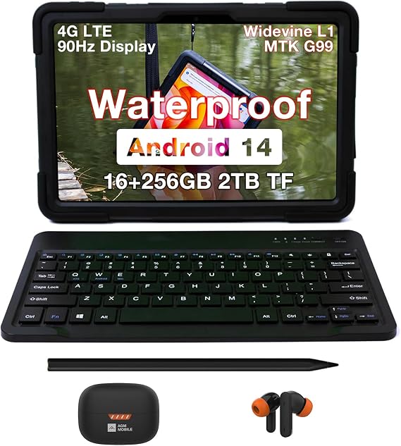 AGM Rugged Tablet w/Earbud 3, Keyboard and Pen, 11" Android Tablet GMS Certified with MTK G99, 16GB RAM 256GB ROM 2TB TF, 90Hz FHD IPS Display, 50MP+8MP, GPS, IP68/IP69K, Drop-Proof for Outdoor
