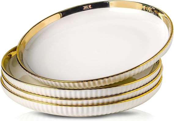 LETAOTAO Dinner Plates, 10 in Ceramic dinner Plate Set of 4 with gold trim
