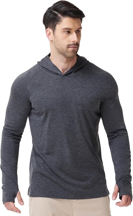 Mens Long Sleeve Athletic Hoodie Sun Protection Gym Workout Shirt for Hiking Running Fishing
