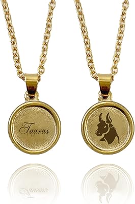 NIKITA Star Sign Necklace for Women - 18k Gold Plated Stainless Steel Gold Zodiac Necklace - Constellation Necklace - Double Sided Horoscope Pendant - Script and Symbols - Gift Box Taurus