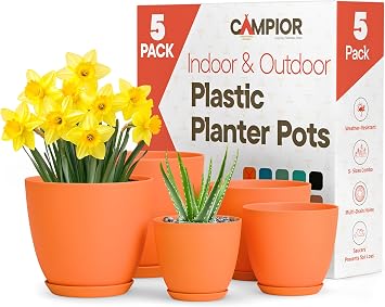 Planter Pots with Drainage Holes - Lightweight, Durable, Space-Saving Pots for Indoor and Outdoor - Versatile Functionality, Simple Modern Design, Set of 5 Plastic Planter Pots Yellow