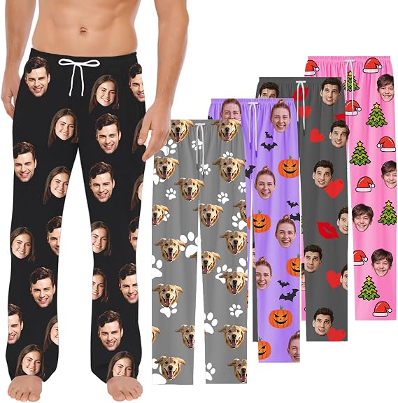 BEXOA Custom Pajama Pants - Personalised Pyjamas Pants with Photo Face Pj Pants Bottoms for Men Women