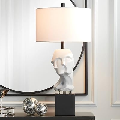 Possini Euro Design Faces Statue Modern Table Lamp 31 Tall White Sculptural Faux Marble Clear Linen Hardback Drum Shade Decor for Living Room Bedroom House Bedside Nightstand Home Office Entryway